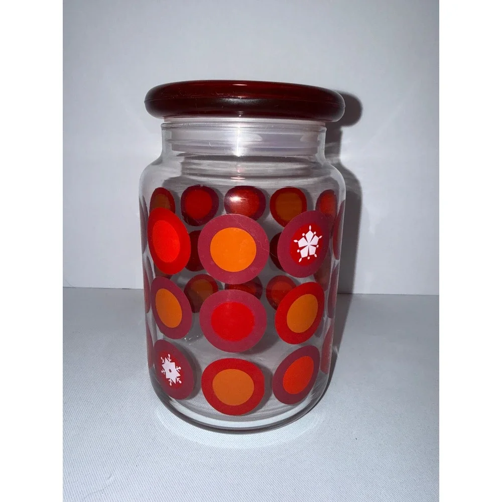 Vintage Red Orange Polka Dot Snowflake Glass Canister Jar with Red Lid 6in